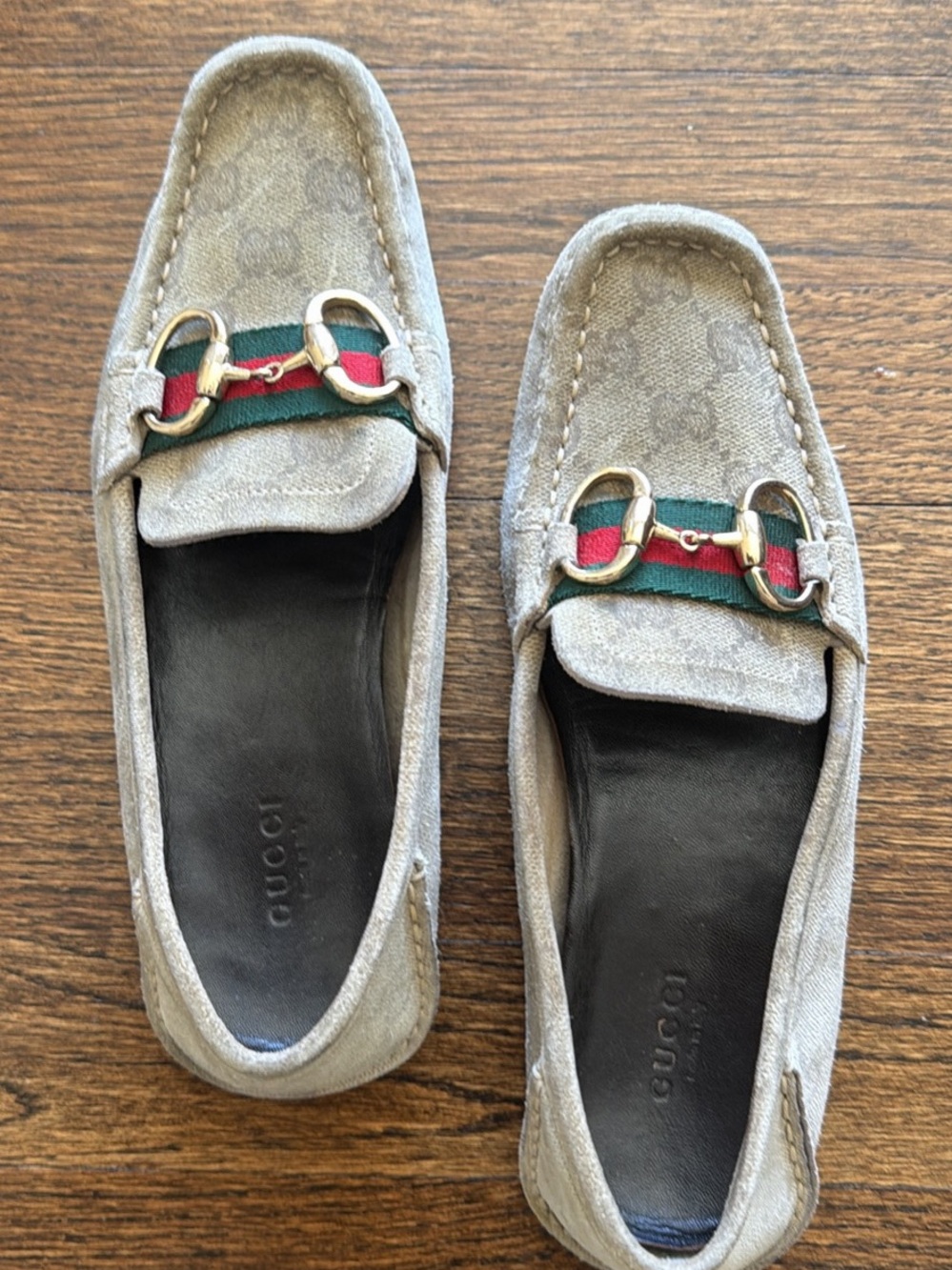 Gucci Beige Suede Horsebit Loafers with Red & Green Web ~ Size 6.5 - Picture 2 of 12